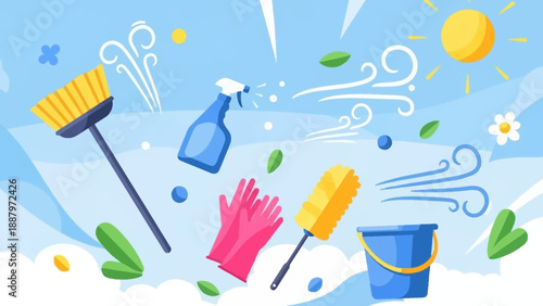 Cleaning Supplies and Tools Floating in Air.
