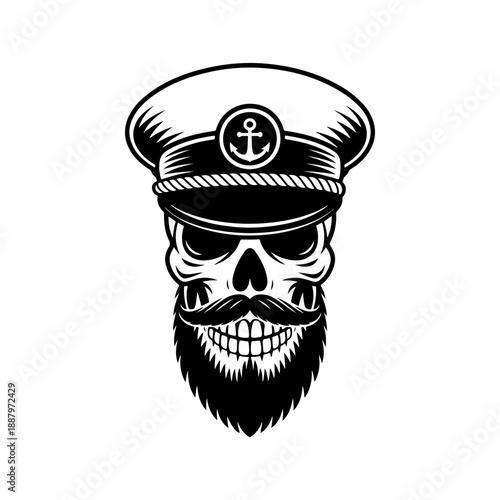 A bold black and white vector illustration of a bearded skull wearing a nautical captain's hat with an anchor emblem. Clean graphic style isolated on a white background.