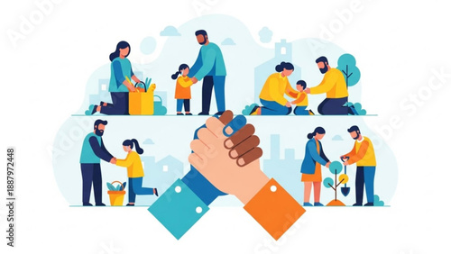 Diverse families and people engaging in community service and teamwork with a handshake