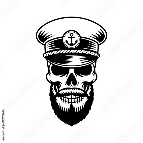 A bold black and white vector illustration of a bearded skull wearing a nautical captain's hat with an anchor emblem. Clean graphic style isolated on a white background.