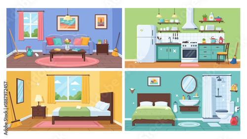 Collage of Living Room Kitchen Bedroom Bathroom.