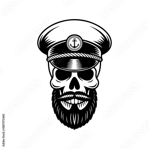 A bold black and white vector illustration of a bearded skull wearing a nautical captain's hat with an anchor emblem. Clean graphic style isolated on a white background.