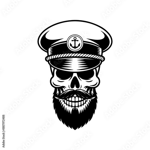 A bold black and white vector illustration of a bearded skull wearing a nautical captain's hat with an anchor emblem. Clean graphic style isolated on a white background.