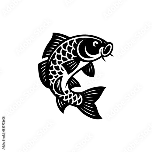 A bold black and white vector illustration of a carp fish jumping. The design features a curved, dynamic pose with detailed scales and long barbels on a white background.