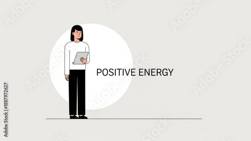 Woman with positive energy standing confidently holding laptop in front of white circle background