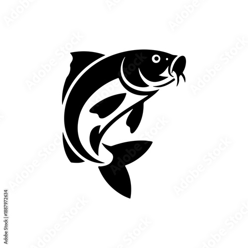 A bold black and white vector illustration of a carp fish jumping. The design features a curved, dynamic pose with detailed scales and long barbels on a white background.