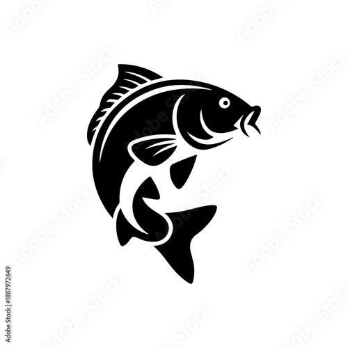 A bold black and white vector illustration of a carp fish jumping. The design features a curved, dynamic pose with detailed scales and long barbels on a white background.