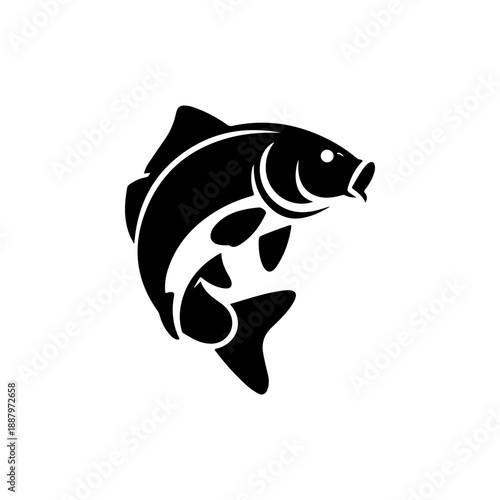 A bold black and white vector illustration of a carp fish jumping. The design features a curved, dynamic pose with detailed scales and long barbels on a white background.