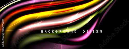 Abstract colorful waves flow across black background. Dynamic light effects create modern design element. Smooth gradients suggest movement.