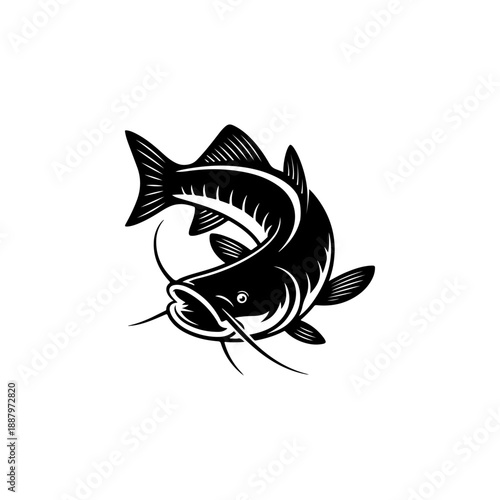 A bold black and white vector illustration of a catfish. The graphic features a dynamic curved pose with prominent whiskers and detailed fins on a white background.