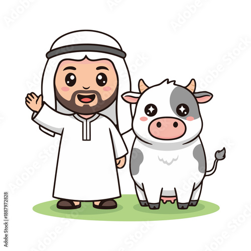 Cartoon Cute Arab Man and Cow Animal Friendship Character Illustration