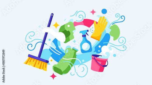 Colorful Cleaning Supplies and Tools Arrangement.