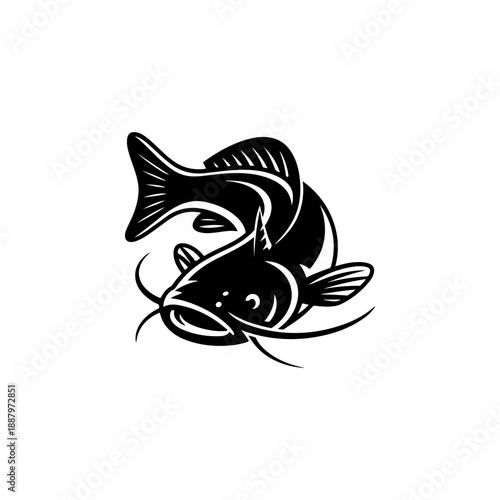 A bold black and white vector illustration of a catfish. The graphic features a dynamic curved pose with prominent whiskers and detailed fins on a white background.