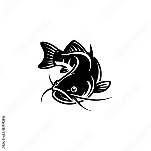 A bold black and white vector illustration of a catfish. The graphic features a dynamic curved pose with prominent whiskers and detailed fins on a white background.