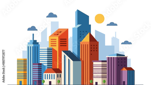 Colorful Cityscape with Skyscrapers and Buildings.