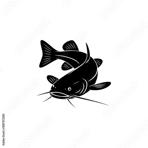 A bold black and white vector illustration of a catfish. The graphic features a dynamic curved pose with prominent whiskers and detailed fins on a white background.