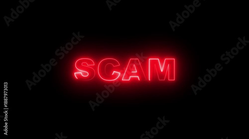 glowing scam text, 4k video Motion Graphics animation. black background .