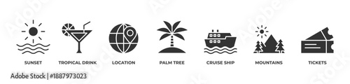 Sunset Escapes Icons set vector illustration glyph with Sunset, Tropical drink, Location, Palm tree, Cruise ship, Mountains, Tickets