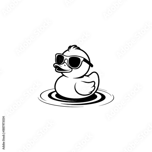 A bold black and white vector illustration of a cute rubber duck wearing cool sunglasses and floating on water ripples. Clean, minimalist mascot design on white.