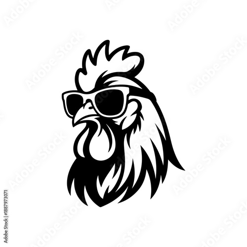 A bold black and white vector illustration of a rooster's head wearing cool sunglasses. This minimalist mascot design features sharp lines and a stylish, confident look.