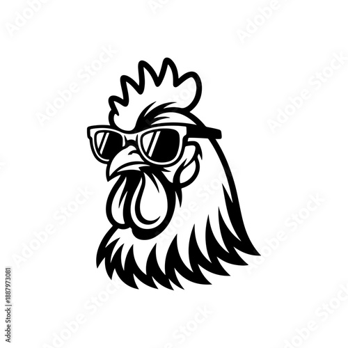A bold black and white vector illustration of a rooster's head wearing cool sunglasses. This minimalist mascot design features sharp lines and a stylish, confident look.