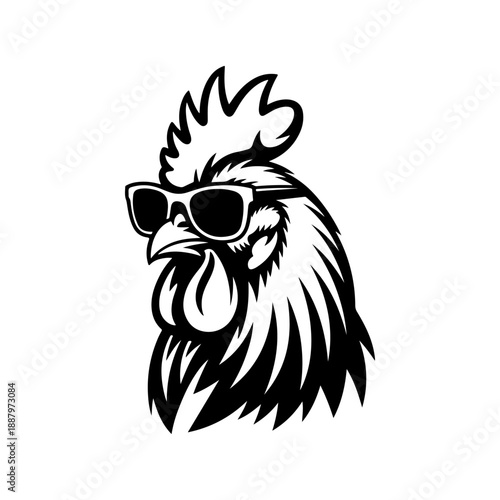 A bold black and white vector illustration of a rooster's head wearing cool sunglasses. This minimalist mascot design features sharp lines and a stylish, confident look.