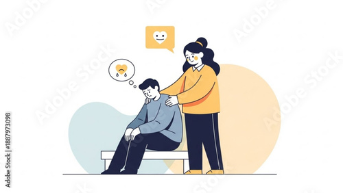 Woman comforting man with sad thoughts on bench supportive friendship and empathy concept