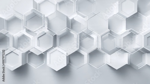 A modern, abstract design featuring overlapping transparent hexagonal shapes on a light gray background, creating a sense of depth and dimension.
