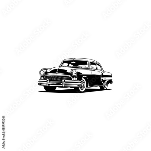 A classic vintage car rendered in a bold black and white vector style. The design features a high-contrast aesthetic with sharp details, isolated on a white background.