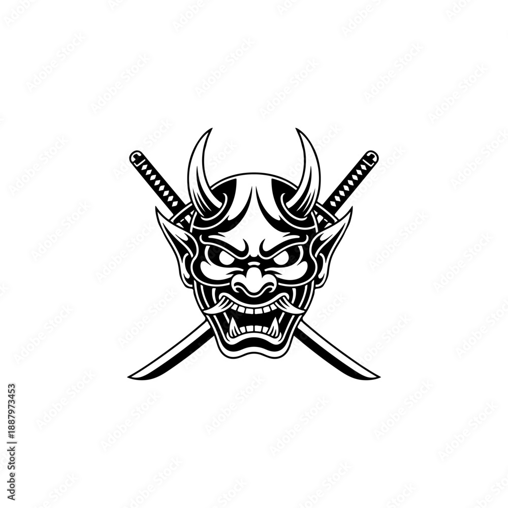 Fototapeta premium A bold black and white vector illustration of a traditional Japanese Hannya demon mask with sharp horns, fangs, and two crossed samurai swords behind it on white.