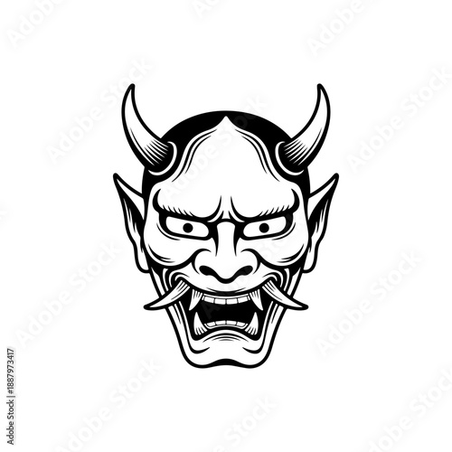 A bold black and white vector illustration of a traditional Japanese Hannya mask. The graphic features sharp horns, menacing eyes, and gritted fangs on a white background.