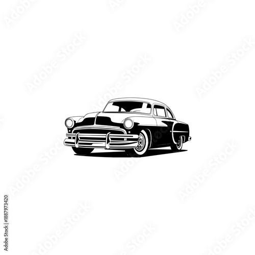 A classic vintage car rendered in a bold black and white vector style. The design features a high-contrast aesthetic with sharp details, isolated on a white background.