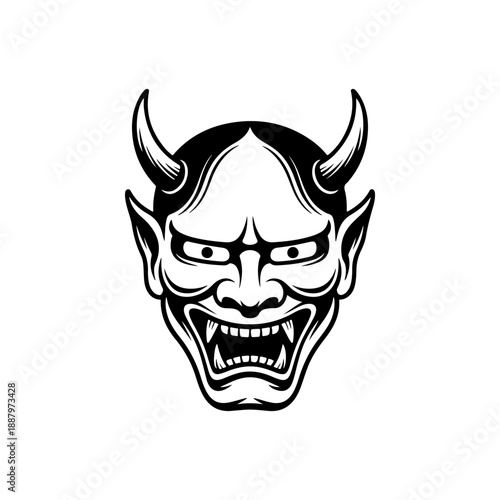 A bold black and white vector illustration of a traditional Japanese Hannya mask. The graphic features sharp horns, menacing eyes, and gritted fangs on a white background.