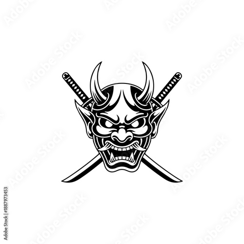 A bold black and white vector illustration of a traditional Japanese Hannya demon mask with sharp horns, fangs, and two crossed samurai swords behind it on white.