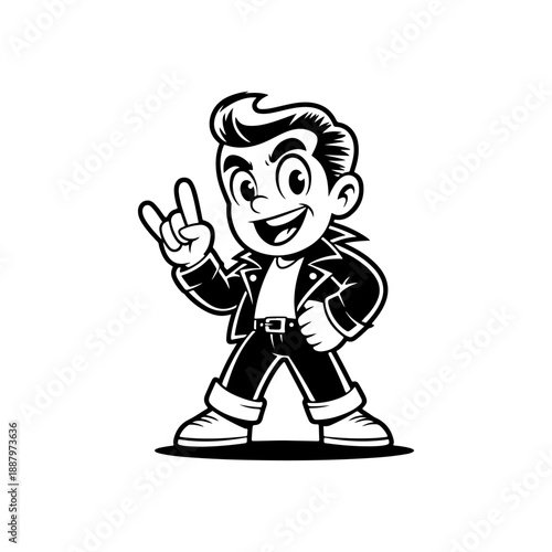 A cheerful black and white retro vector illustration of a 1950s rockabilly man with a pompadour, wearing a leather jacket and making a rock on hand gesture.