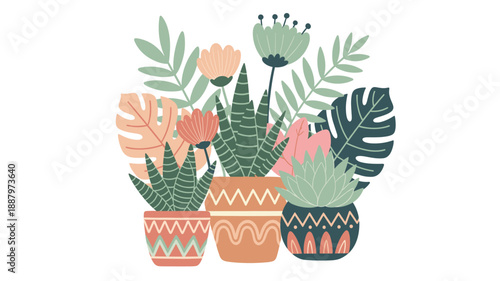 Charming modern boho detailed vector illustration featuring several patterned ceramic flowerpots holding stylized succulent cacti, lush tropical foliage, and beautiful pastel blooming flowers