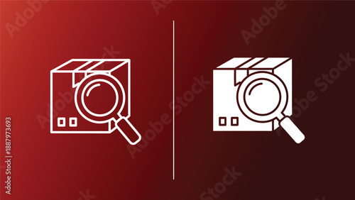 Two contrasting icons of a camera with a magnifying glass on a gradient red background symbolizing investigation and analysis in media and technology