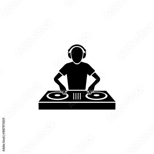 A minimalist black silhouette of a DJ wearing headphones and working at a turntable console. A clean, modern vector graphic isolated on a white background.