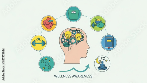 Wellness awareness concept with human head and icons representing mental health self care and mindfulness