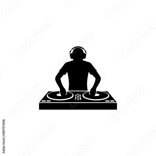 A minimalist black silhouette of a DJ wearing headphones and working at a turntable console. A clean, modern vector graphic isolated on a white background.