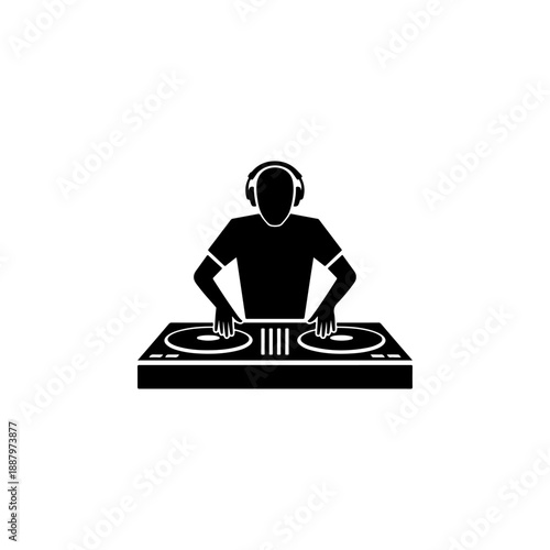 A minimalist black silhouette of a DJ wearing headphones and working at a turntable console. A clean, modern vector graphic isolated on a white background.