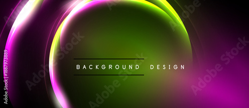 Abstract neon circles overlap, creating vibrant green, purple glow. Black background emphasizes luminous design elements. Modern, dynamic composition.