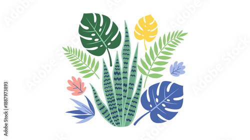 Beautifully stylized collection of vibrant tropical and exotic houseplant leaves, featuring detailed Monstera, patterned Sansevieria, and lush fern foliage, creating a perfect isolated