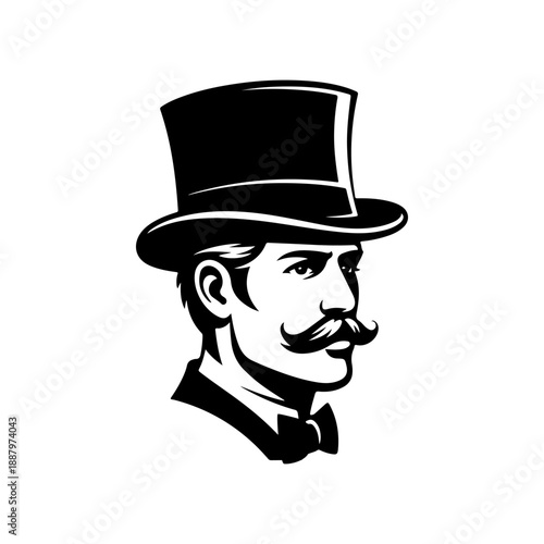 A sophisticated black and white vector illustration of a gentleman with a mustache, wearing a top hat and bowtie. Classic vintage mascot style on a white background.