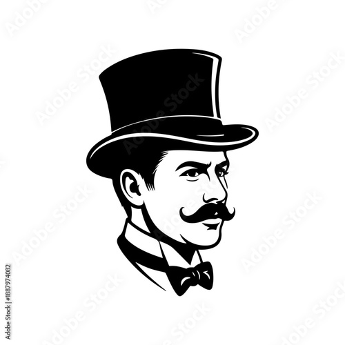 A sophisticated black and white vector illustration of a gentleman with a mustache, wearing a top hat and bowtie. Classic vintage mascot style on a white background.