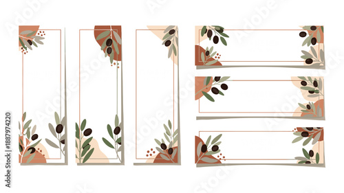 Comprehensive collection of six modern abstract boho design template sets featuring stylized dark olive branches, organic berries, and artistic earthy watercolor shapes used for elegant wedding