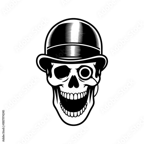 A bold black and white vector illustration of a laughing skull wearing a classic bowler hat and a monocle. Sophisticated yet macabre minimalist design on white.
