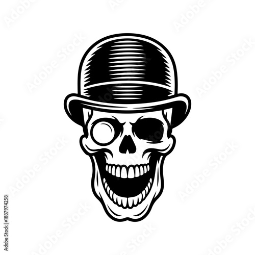 A bold black and white vector illustration of a laughing skull wearing a classic bowler hat and a monocle. Sophisticated yet macabre minimalist design on white.