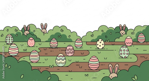 Easter eggs in a garden with bunnies and bushes on a sunny day