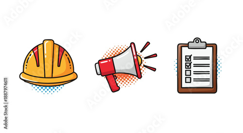 Essential construction safety planning and communication icons for business project management illustration on a white background